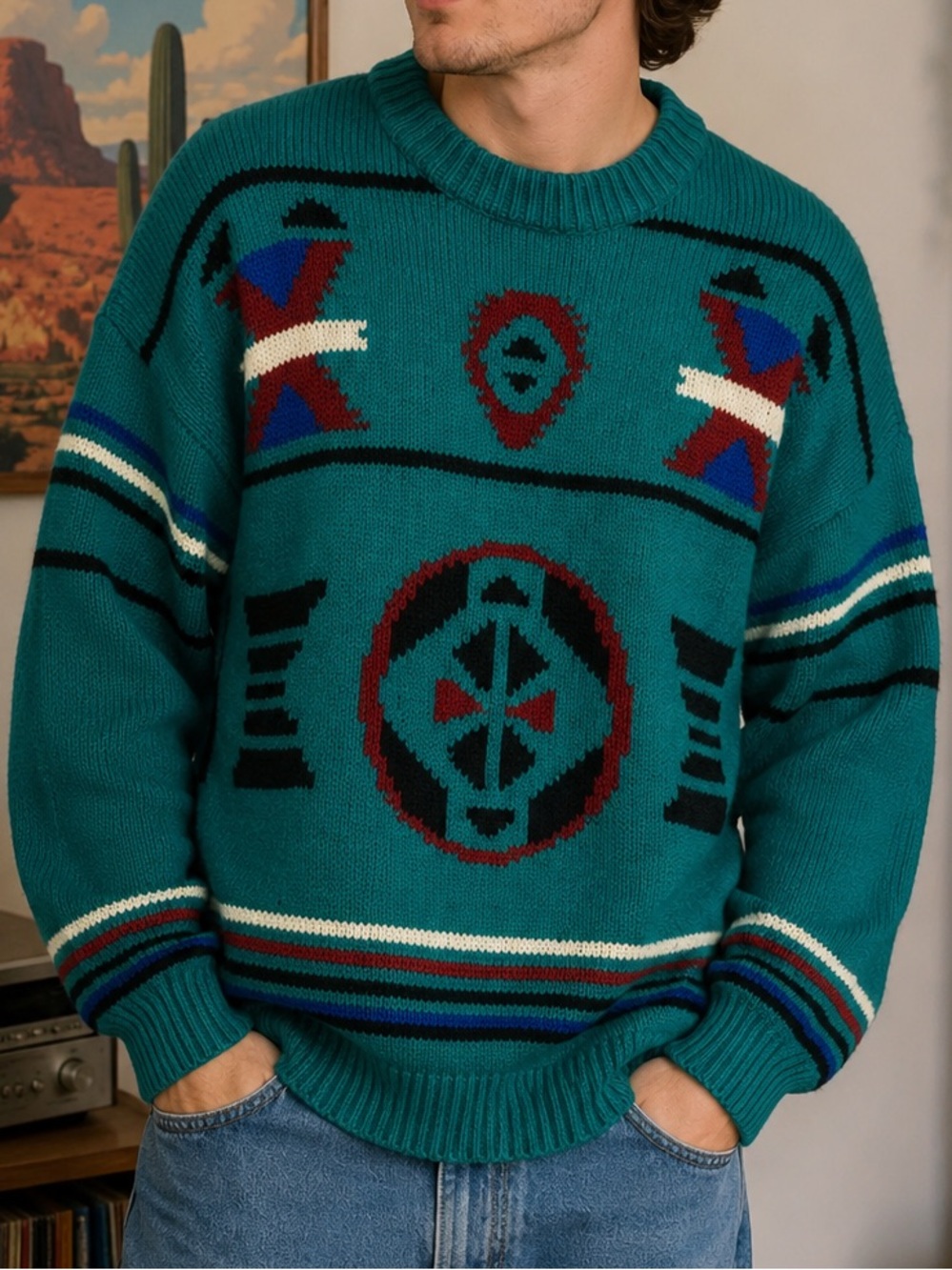 Vintage 90s Oakton Southwestern All Over Print Grandpa Aesthetic Teal Sweater